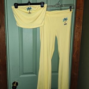 Yellow Tube Top and Pants Set with Palm Tree Embroidery